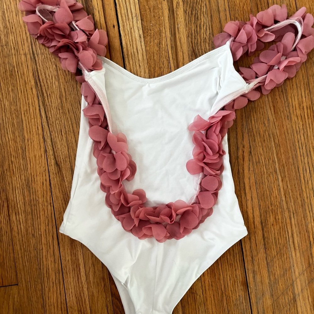 White Swimsuit with Pink Floral Accents